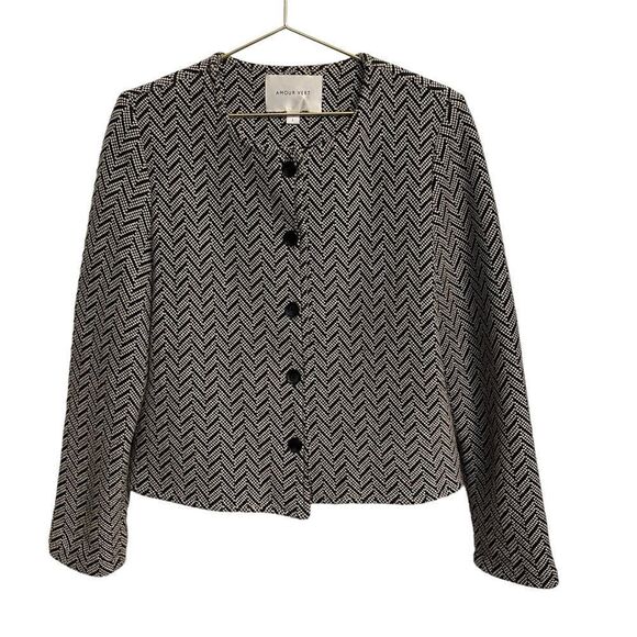 Amour Vert Herringbone Blazer Jacket Black White Size L - Picture 1 of 7